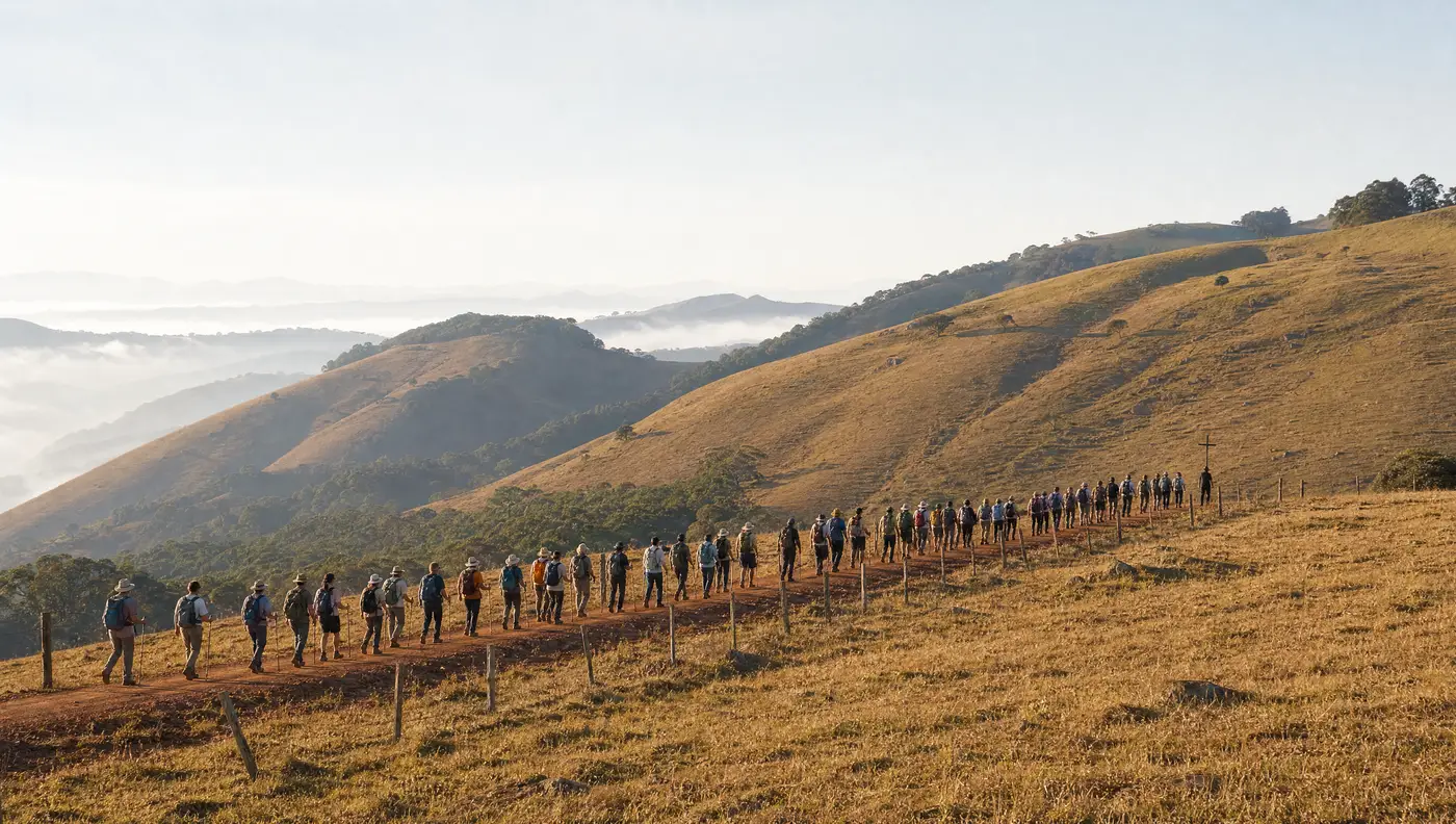 Fila única de peregrinos subindo uma estrada de terra na encosta de pasto, vista de longe.