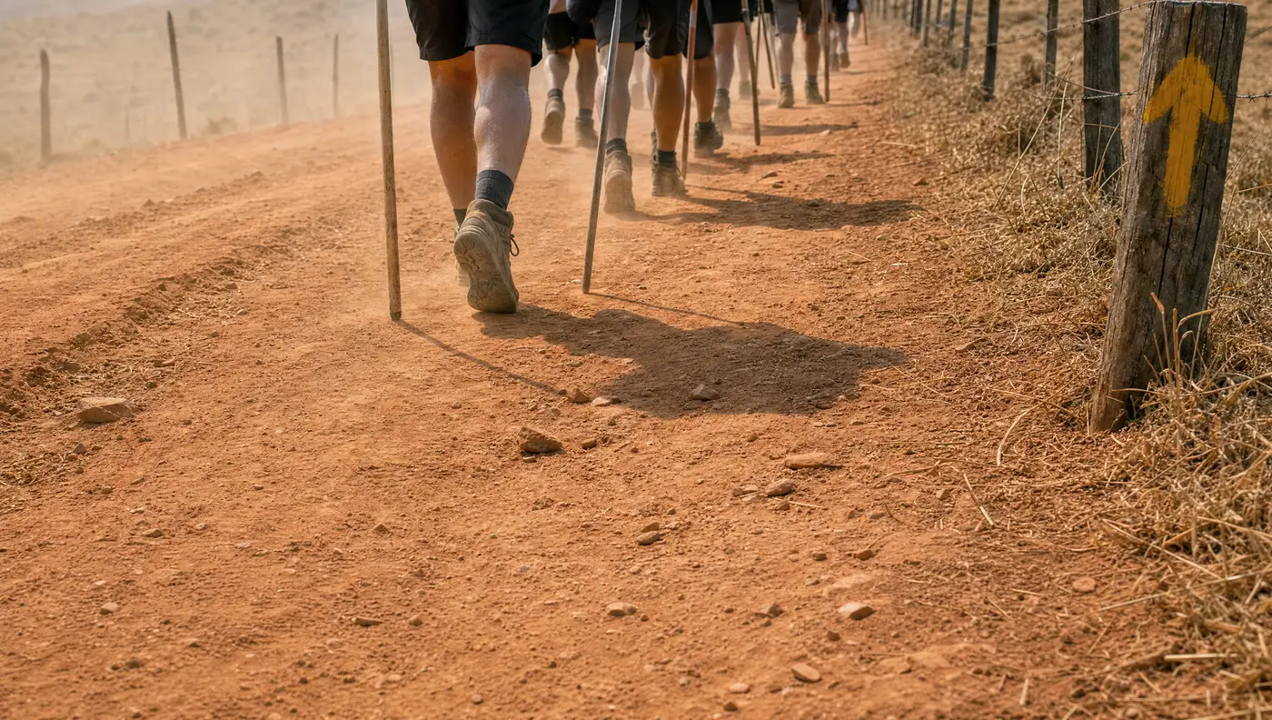 Botas e bordões de peregrinos numa estrada de terra vermelha, com poeira suspensa na luz dura do meio-dia.