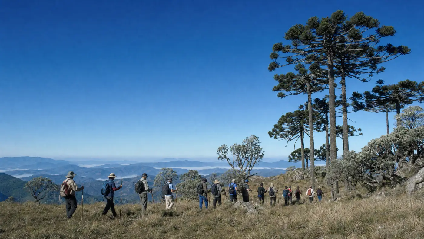 Fila de peregrinos caminhando entre araucárias num campo de altitude, o vale sumindo na bruma.
