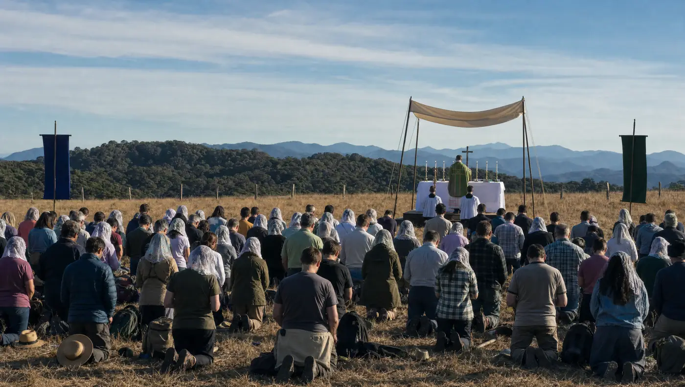 Altar montado em campo aberto para a Santa Missa, o sacerdote de costas para a assembleia ajoelhada no capim seco.