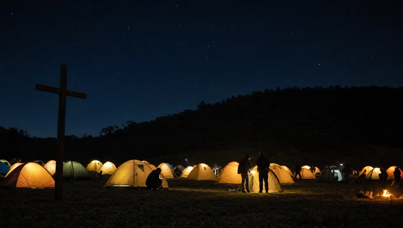 Acampamento à noite, barracas acesas por dentro e uma cruz de madeira fincada no campo.