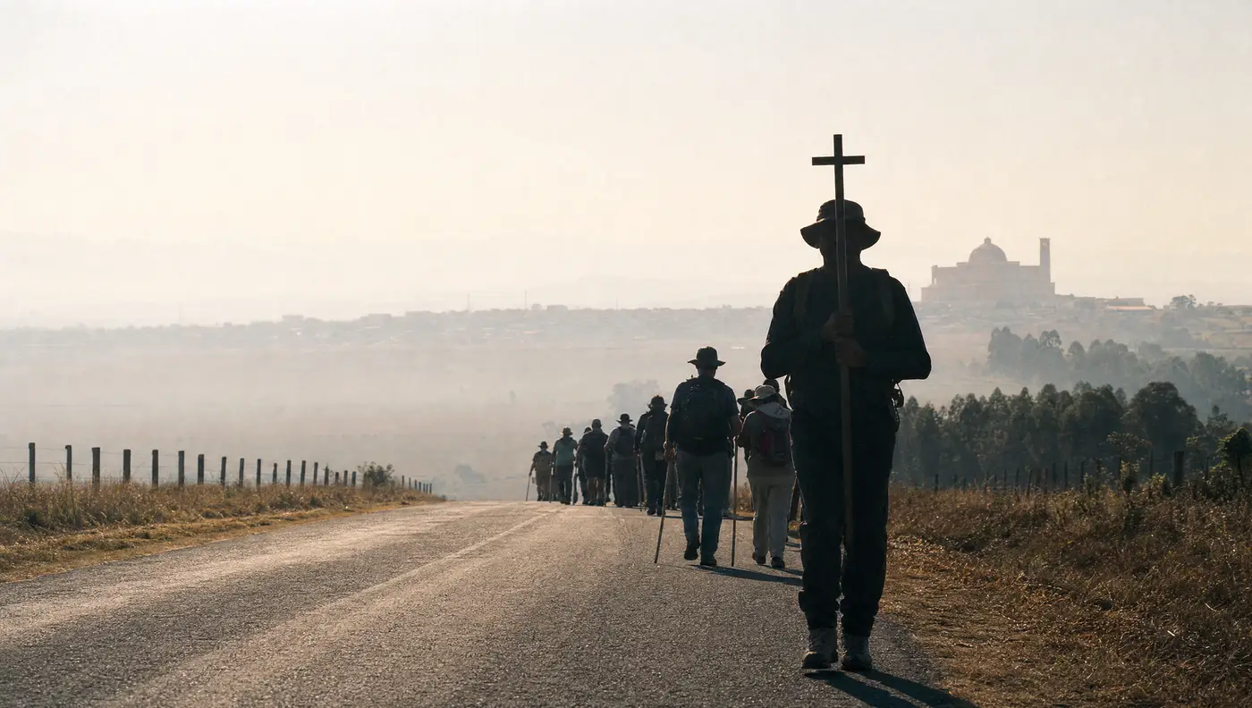 Peregrino carregando uma cruz processional à frente da coluna, numa estrada plana, com a cidade ao longe na bruma.